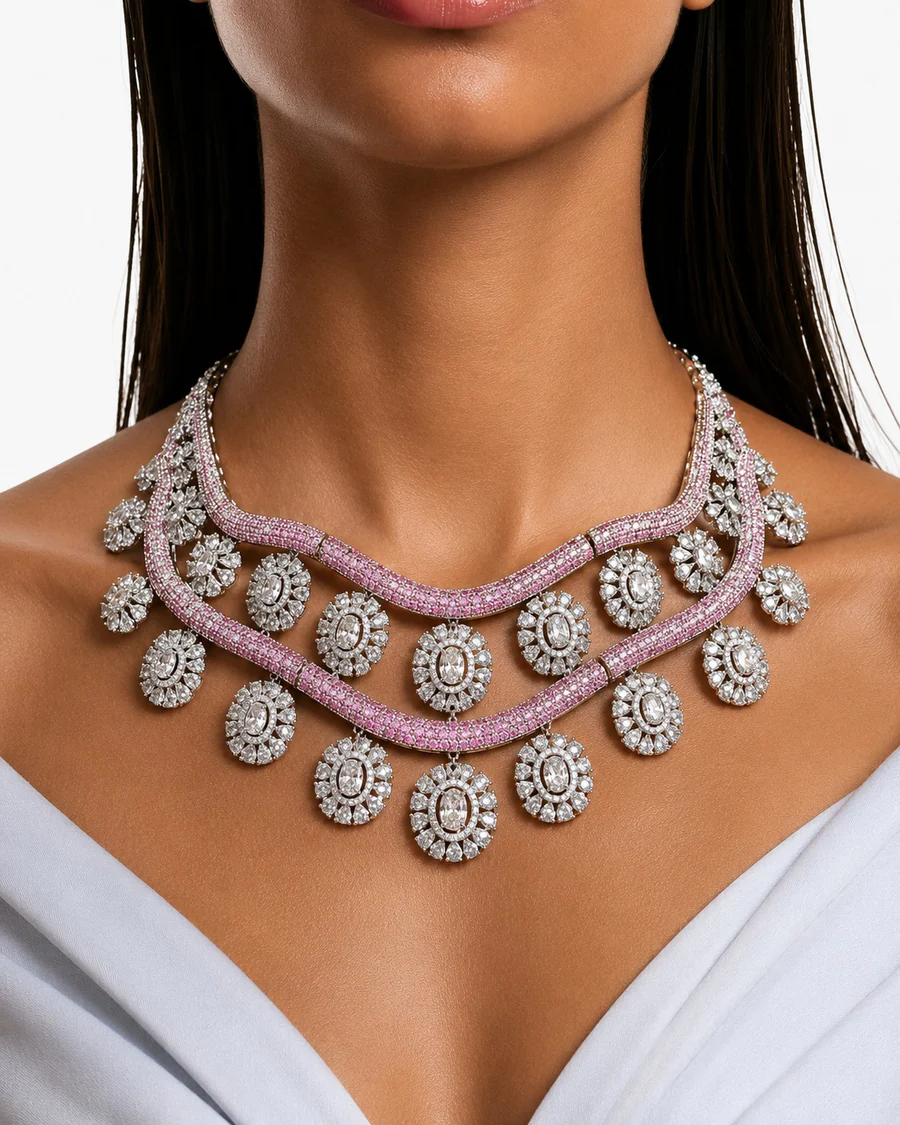 Areeba Pink Diamond-Like Zircon with Floral Halo Statement Necklace Set – Necklace & Earrings